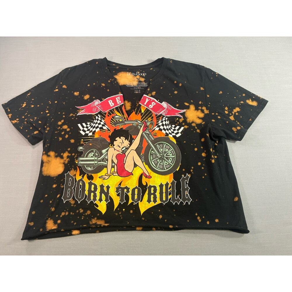 Betty Boop Born To Rule Biker T-Shirt Women’s L Black Motorcycle Splatter Tee